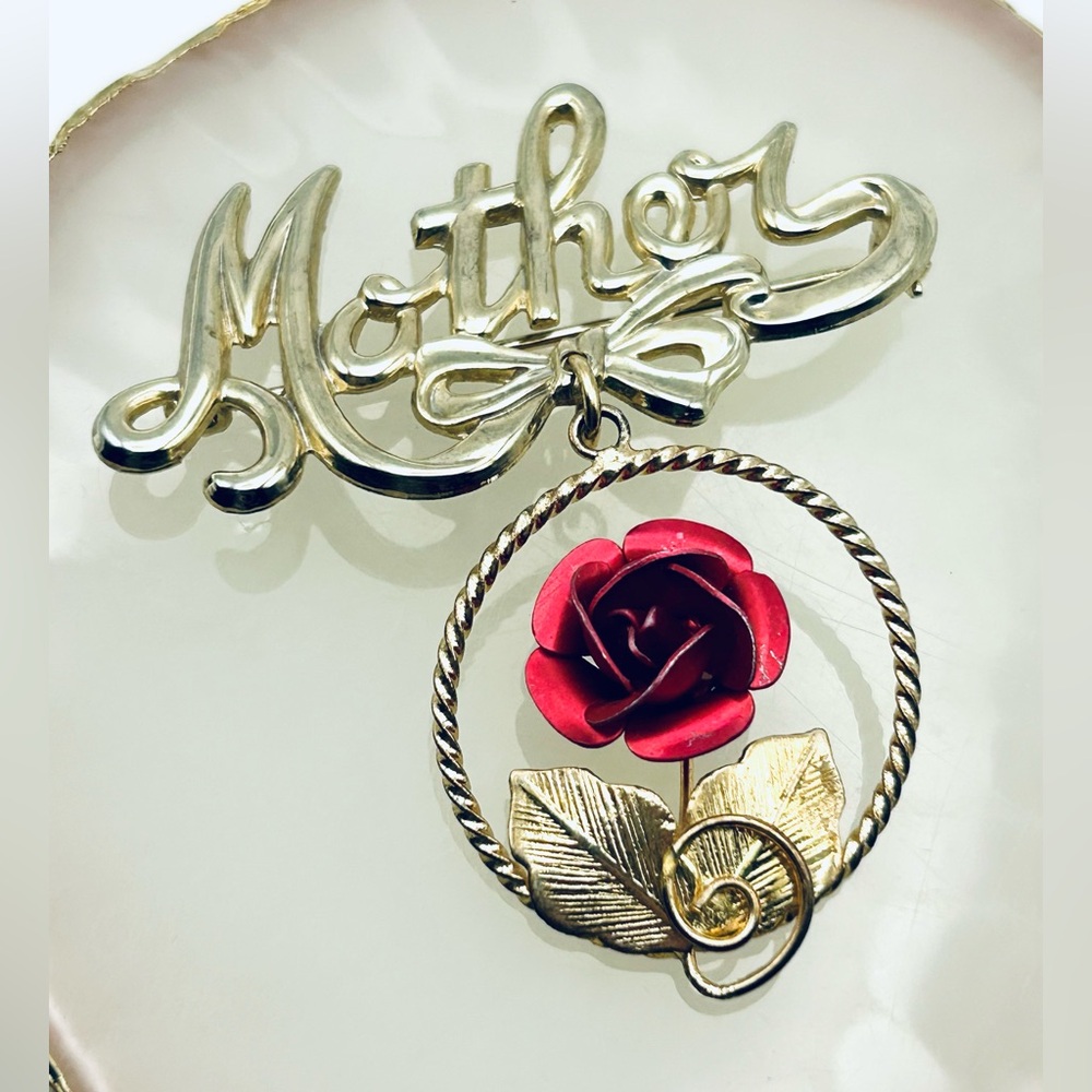 Vintage gold tone “Mother” Brooch Pin with rose great Mother’s Day Gift w/box